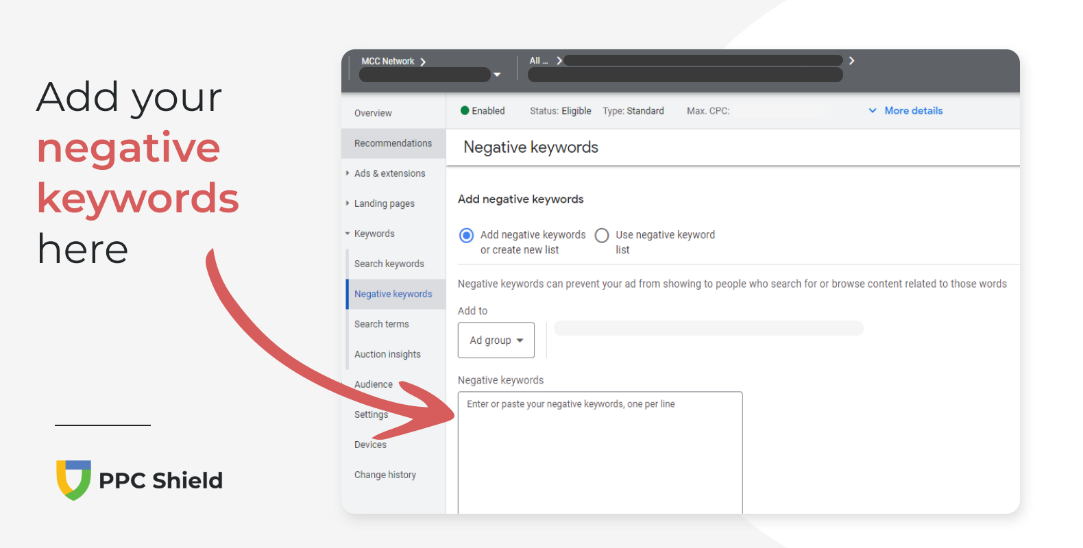 How to set up negative keywords list