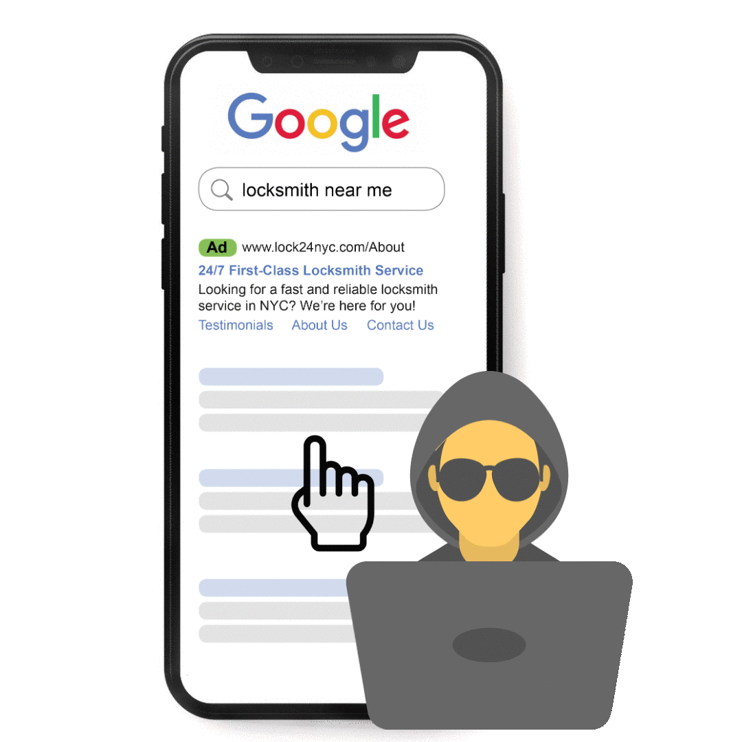 Animated gif: hacker is trying to click on ads, PPC Shield is blocking his clicks