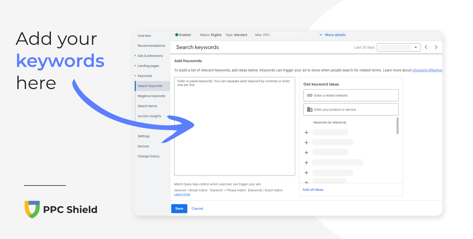 Instructions on where to set up keywords match types